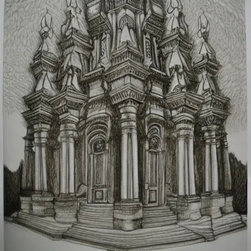 Image similar to finished pencil drawing of an intricate detailed church temple catholic buddhist, complete, pencil drawing