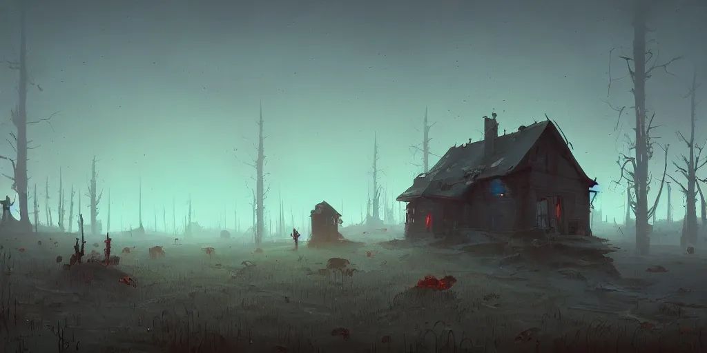Prompt: an unseen, land of dead, war, wiped houses, detailed, cinematic landscape, atmospheric light, sky, dynamic angle, good composition, eccentric, mind bending, fantasy world, trending on artstation art by simon stalenhag