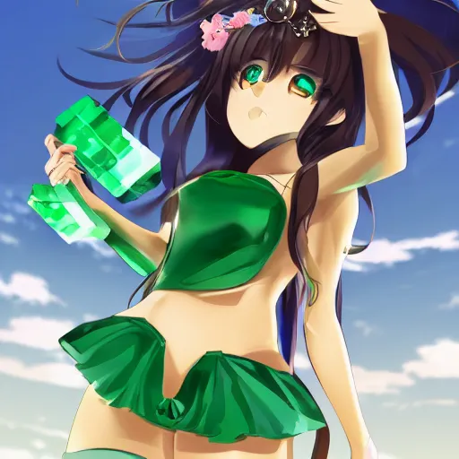 Image similar to minerals, emerald, anime girl, full length