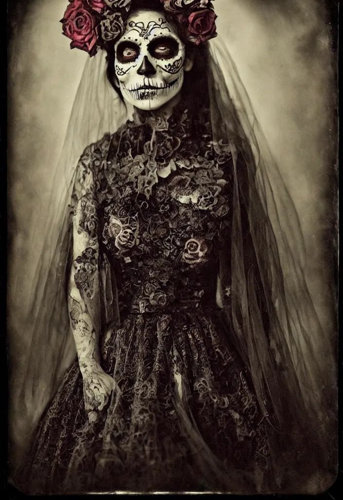 Image similar to tintype full body view, veiled dia de muertos dress and make up, horrific beautiful vibe, evocative, atmospheric lighting, painted, intricate, highly detailed,