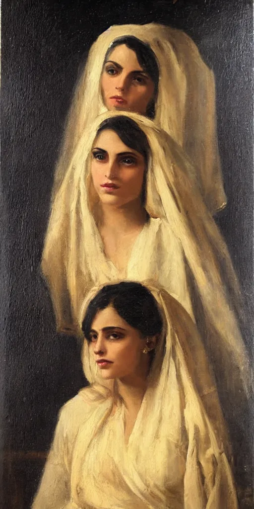 Prompt: romantic period style atmospheric oil painting of a middle eastern woman with intense eyes, wearing a golden veil