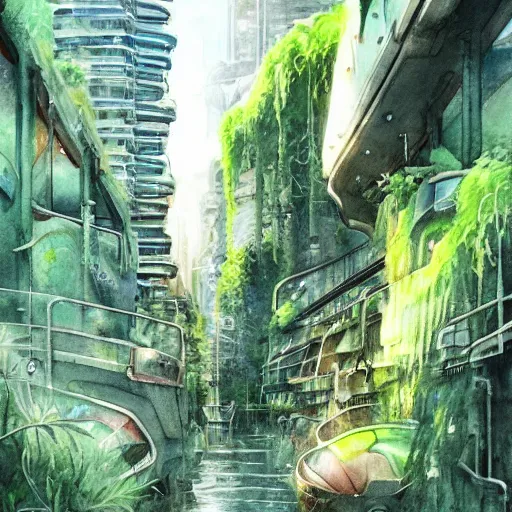 Image similar to Narrow cosy waterway in beautiful overgrown futuristic sci-fi city in harmony with nature. Nice colour scheme, soft warm colour. Beautiful detailed watercolor by Lurid. (2022)