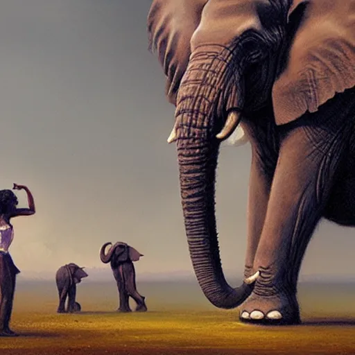 Image similar to elephant in a tutu teaching ballet, greg rutkowski