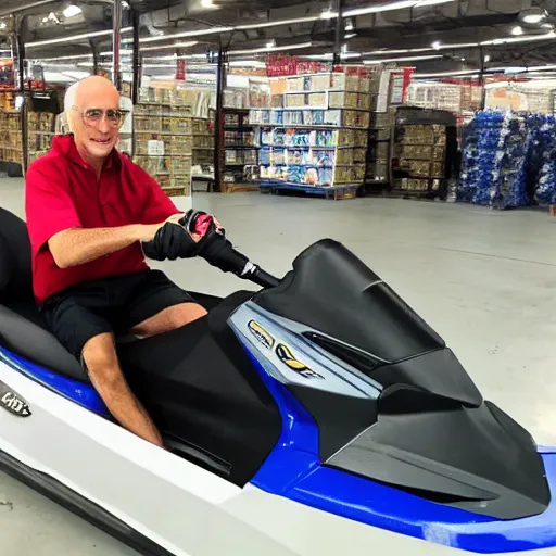 Prompt: Larry David riding a jetski in costco