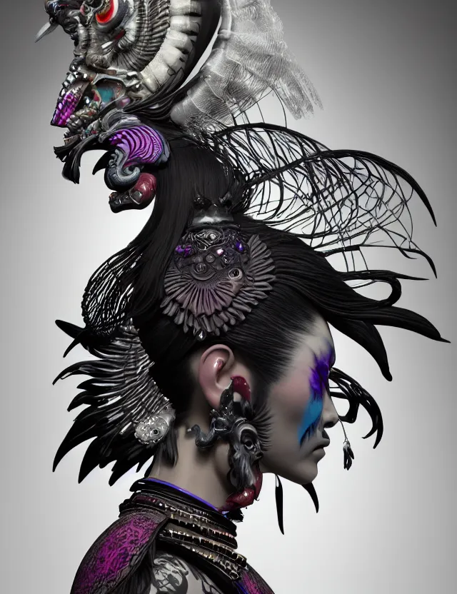 Image similar to 3 d goddess close - up profile simple portrait punk with mohawk with ram skull. beautiful intricately detailed japanese crow kitsune mask and clasical japanese kimono. betta fish, jellyfish phoenix, bio luminescent, plasma, ice, water, wind, creature, artwork by tooth wu and wlop and beeple and greg rutkowski