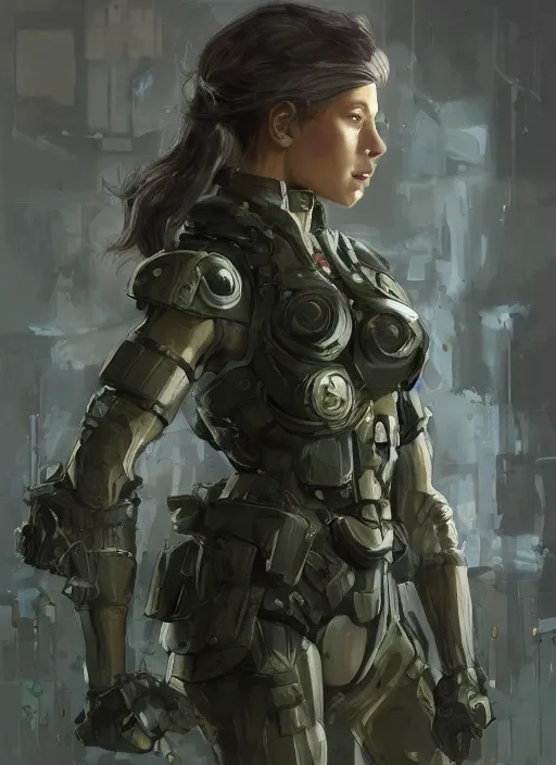 Image similar to a professional painting of a beautiful young female, clothed in stealth armor, nightvision goggles, olive skin, long dark hair, beautiful bone structure, symmetrical facial features, intricate, elegant, digital painting, concept art, smooth, sharp focus, illustration, from Metal Gear, by Ruan Jia and Mandy Jurgens and Artgerm and William-Adolphe Bouguerea