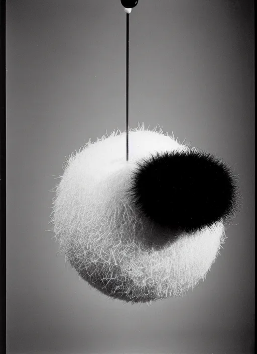 Image similar to realistic object photo of body made of black and white ping pong balls, hairy fluffy caterpillars, readymade, dadaism, fluxus, man ray, x - ray, electronic microscope 1 9 9 0, life magazine photo