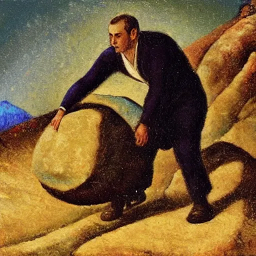 Image similar to a painting of benjamin netanyahu as sisyphus, carrying large boulder on shoulders, mountain background, by franz stuck