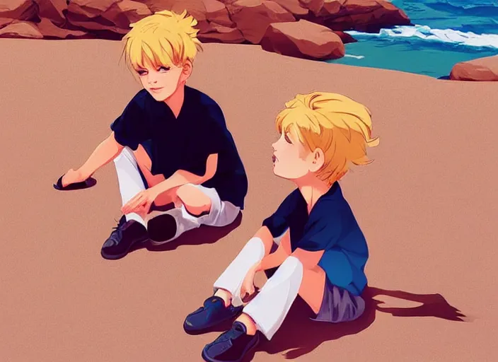 Image similar to two little boys with tousled blonde hair sitting on a beach. clean cel shaded vector art. shutterstock. behance hd by lois van baarle, artgerm, helen huang, by makoto shinkai and ilya kuvshinov, rossdraws, illustration, art by ilya kuvshinov