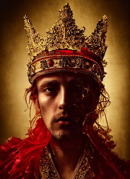 Image similar to 'Portrait of Crowned King Arthur' by Lee Jeffries royally decorated, whirling plasma, atmospheric motes, red and gold Sumptuous garb, gilt silk fabric, radiant colors, fantasy, perfect lighting, studio lit, micro details,