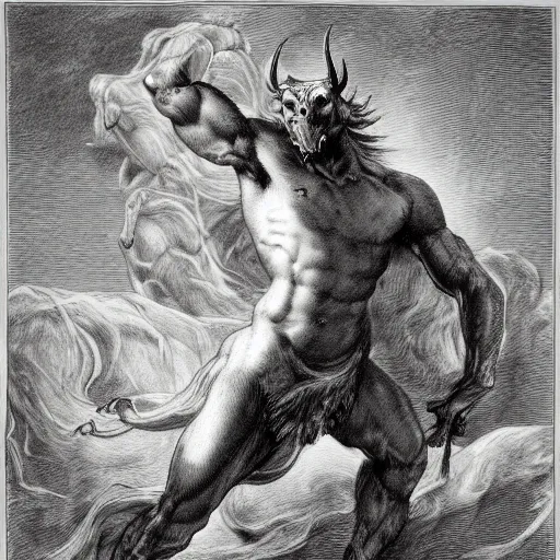 Prompt: full body grayscale drawing by Gustave Dore of muscled horned humanoid beast in heroic pose, swirling flames in background