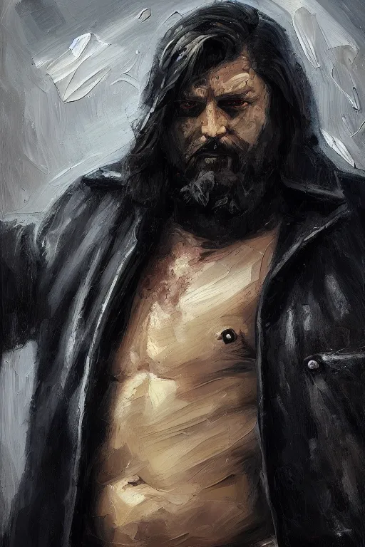 Image similar to palette knife oil painting of the norse god tyr ( one hand missing ) as a noir detective. extreme detail. artstation trending, any racial background, artgerm, deviant art, octane, substance, art history 8 k