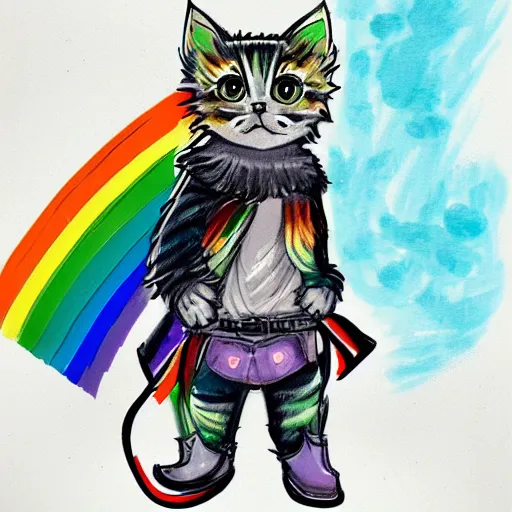 Image similar to wide angle full body, of a fluffy cute rainbow kitten wearing a black motorcycle jacket, concept art