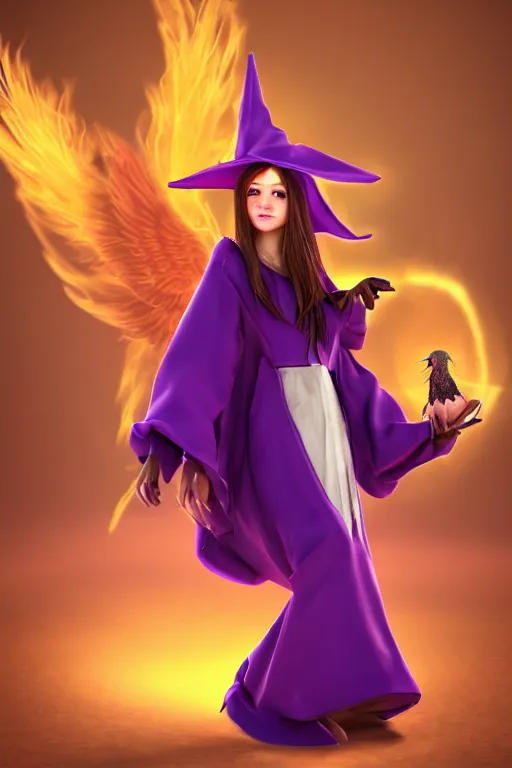 Image similar to Young beautiful short woman in purple witch robes and pointy hat with a small pet tiny adorable phoenix on her shoulder, full body shot, digital art, detailed render, 3D material, Cell Shader