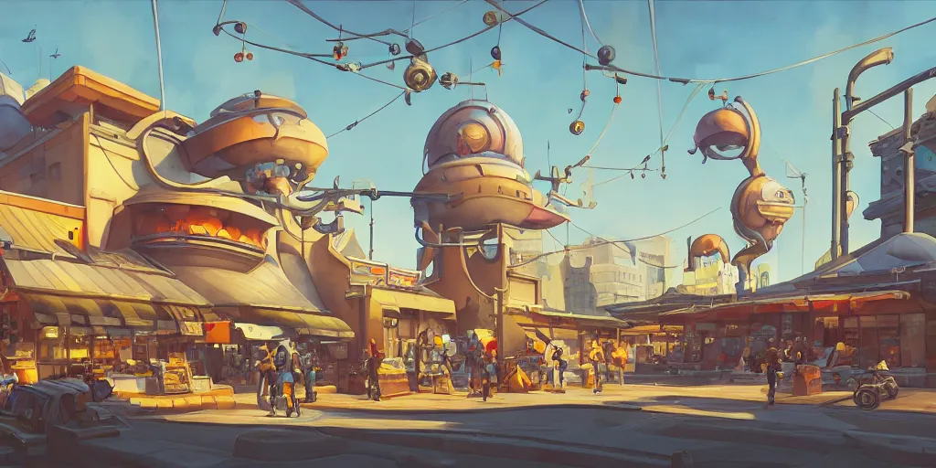 Prompt: overwatch building, stylized, exterior, architecture, in watercolor gouache detailed paintings, insanely detail, artstation, 8 k, futuristic, big medium small, arcane, simon stalenhag, food stall, interesting shapes & form, golden ratio, megastructures, vitaly bulgarov, mall, junkyard