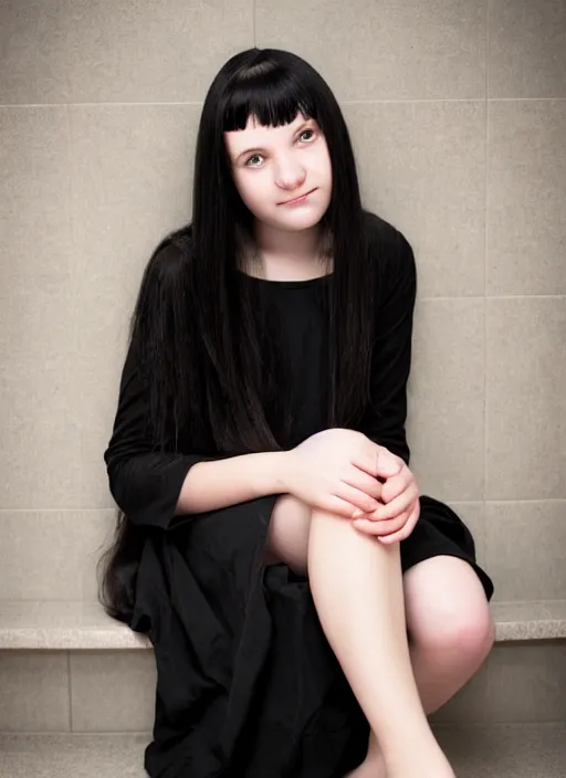 Prompt: a 1 4 year old girl with straight long black hair wearing black dress that sitting on bathroom floor