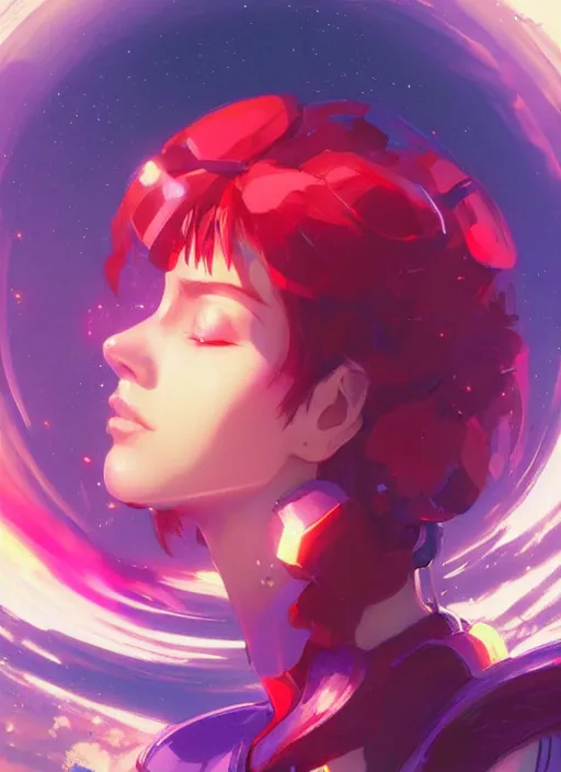 Image similar to a beautiful pensive woman, halo of planets, bright colors, highly detailed, concept art, matte, trending on artstation, anime, art by wlop and artgerm and greg rutkowski, ilya kuvshinov, strong strokes,