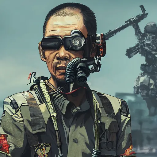 Image similar to 8K detailed realistic illustration of a post-apocalyptic cyberpunk Indonesia war general in the style of Yoji Shinkawa, high resolution