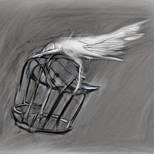 Prompt: a charcoal sketch of a flying bird in a cage, black and white, low detail