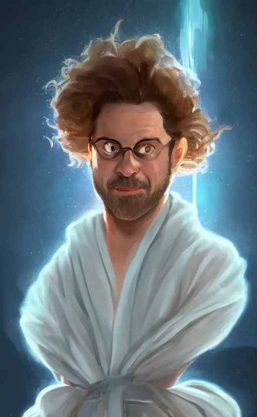 Prompt: george costanza with wild hair and bright eyes. he's wearing a flowing bathrobe made of light, airy fabric and he has a mischievous look on his face, dynamic lighting, photorealistic fantasy concept art, trending on art station, stunning visuals, creative, cinematic, ultra detailed