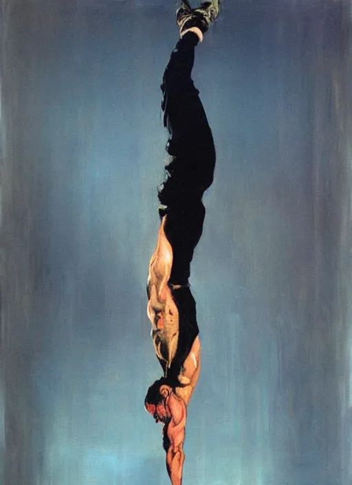 Prompt: pauly shore handstand, painting by phil hale, fransico goya,'action lines '!!!, graphic style, visible brushstrokes, motion blur, blurry, visible paint texture, crisp hd image