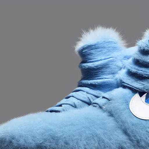 Image similar to nike shoe made of very fluffy blue faux fur placed on reflective surface, professional advertising, overhead lighting, heavy detail, realistic by nate vanhook, mark miner