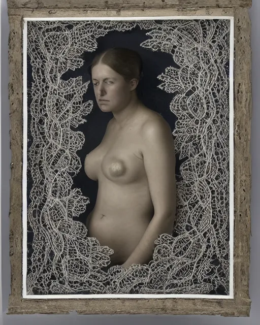 Image similar to a woman standing by the sea, made of intricate decorative lace leaf skeleton, in the style of the dutch masters and gregory crewdson, dark and moody