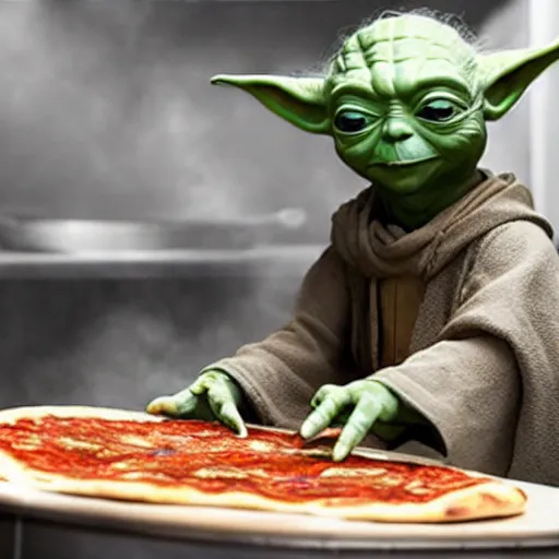 Image similar to A still of Yoda making a pizza in Masterchef, 4k, photograph, ultra realistic, highly detailed, professional lighting