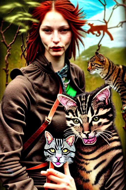 Image similar to punk rock girls making selfie with cats in jungle , mad max jacket, post apocalyptic, renaissance, highly detailed, digital painting, oil painting by Leonardo Da Vinci, hyper realistic style, fantasy by Olga Fedorova