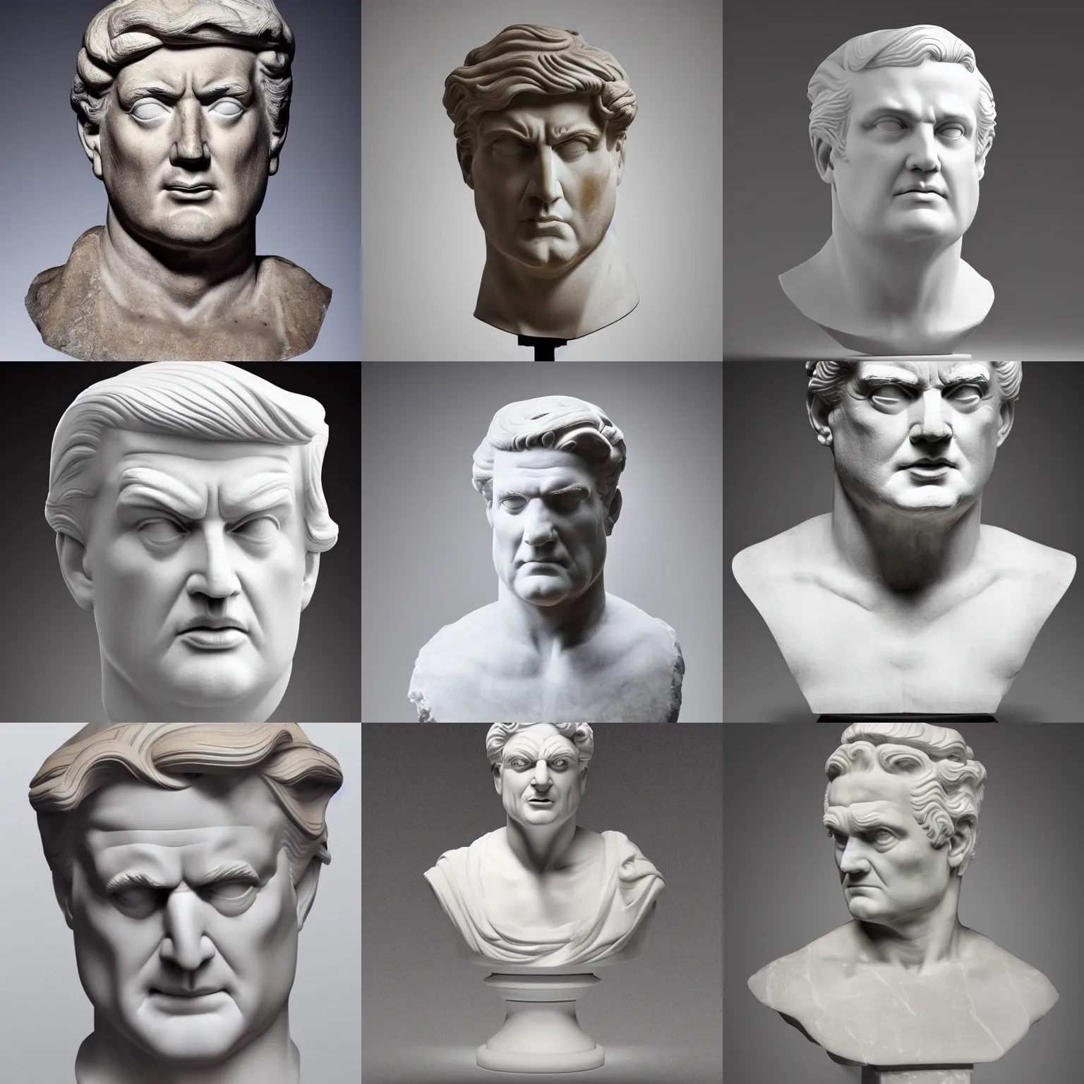 Prompt: an ancient greek marble bust of donald trump, high resolution photo, studio lighting, 4 k