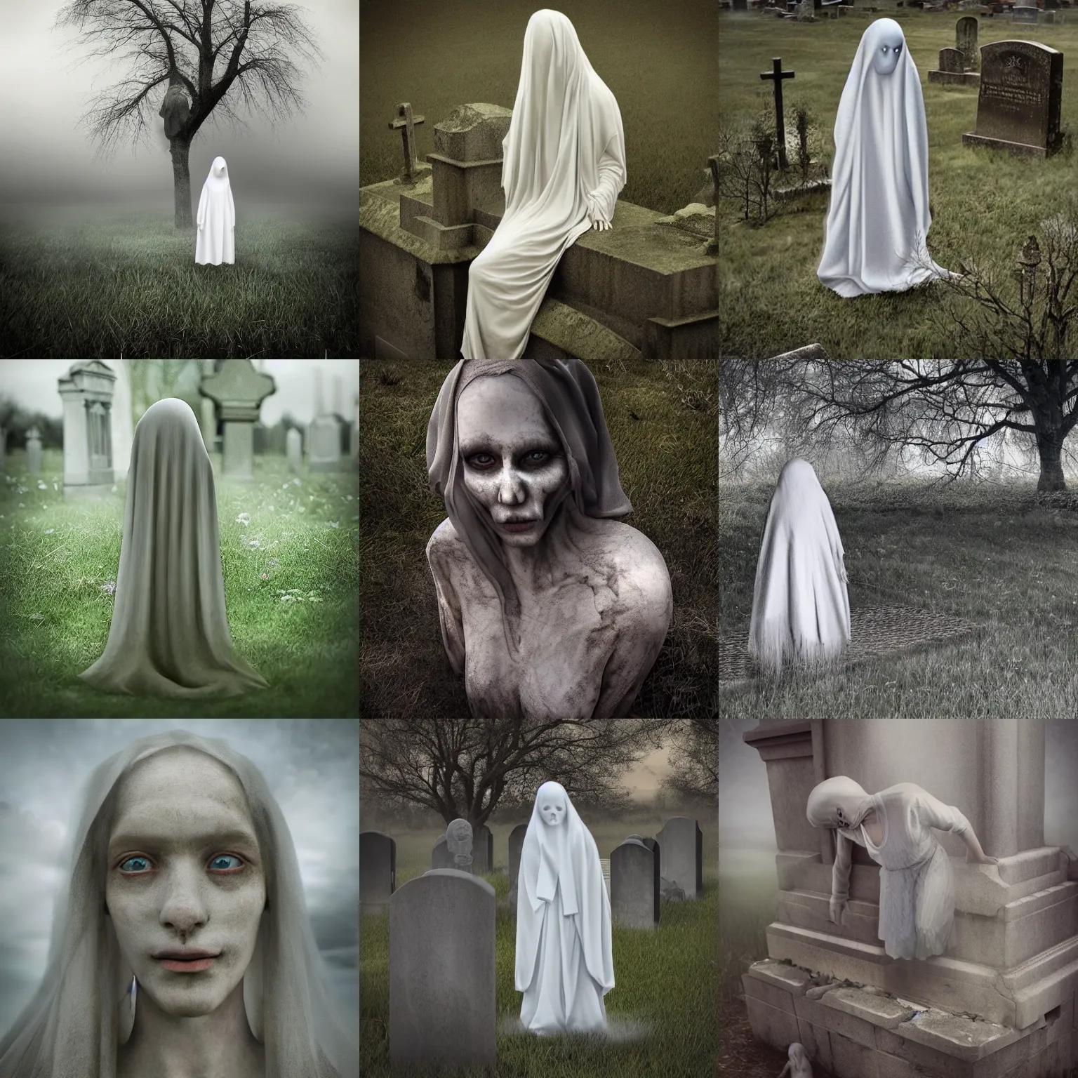 Prompt: monia merlo photo - realistic render of a strange ghost in a graveyard