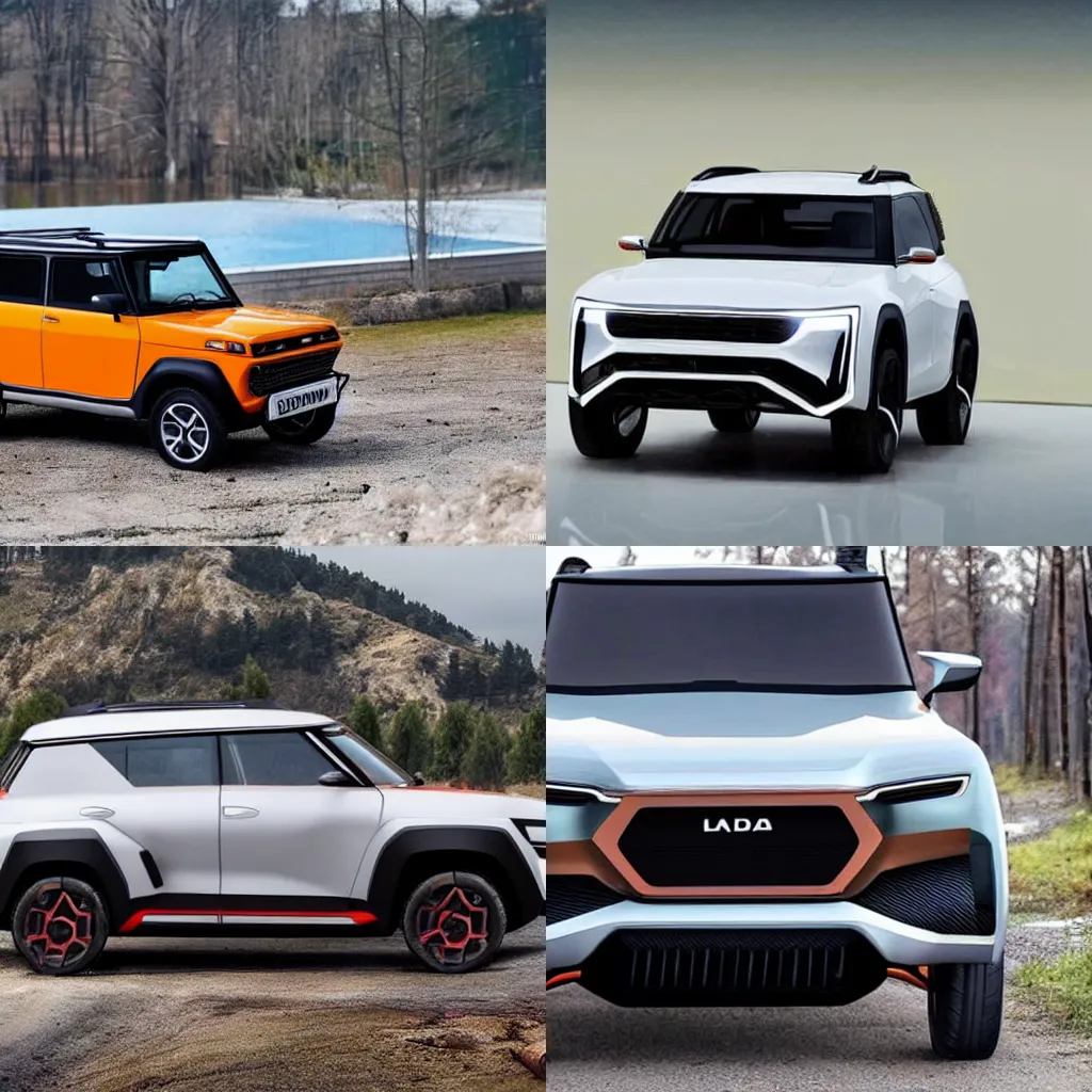 Prompt: Lada Riva (Hatchback) if it were manufactured in the 2022 production year, 2022 Lada Niva, wide angle exterior 2022