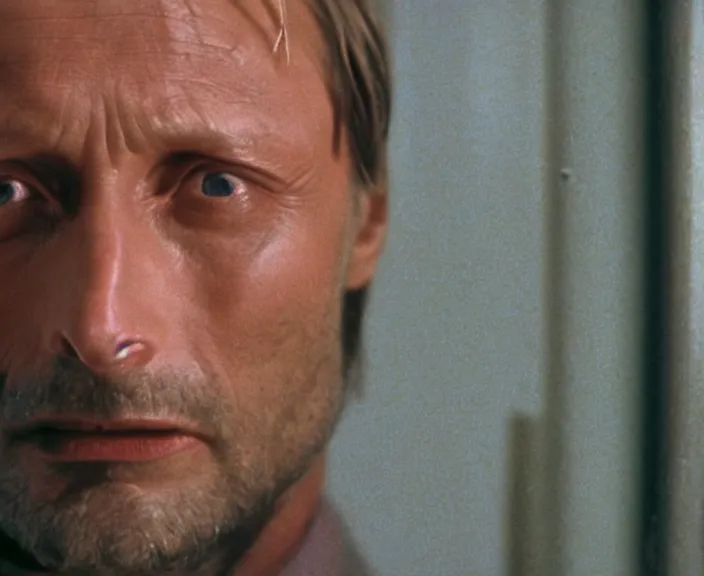 Prompt: a still of mads mikkelsen in the silence of the lambs ( 1 9 9 1 ), 4 k, hi - res