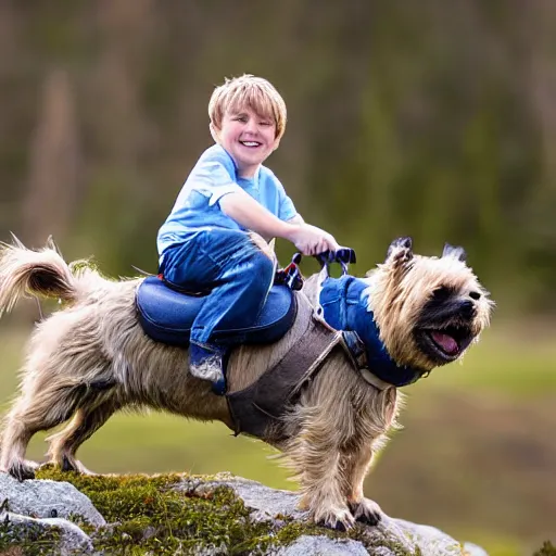 Image similar to a photo of a boy riding on a fat flying cairn terrier