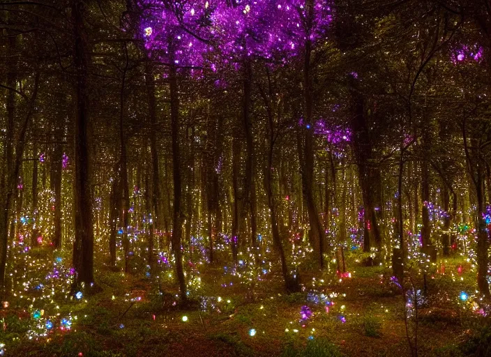 Image similar to a magical forest with crystal flowers that glow in the dusk,