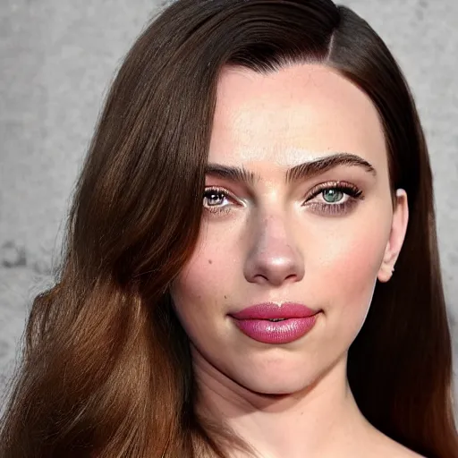 Image similar to a woman who is a genetic combination of kim kardashian and kat dennings and scarlett johansson and margot robbie and emma watson, face and upper - body focus