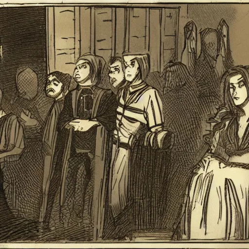 Prompt: a group of inquisitor's judging a witch in a court room