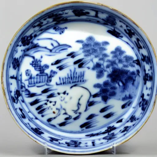 Prompt: chinese export porcelain with a blue and white image of a butterfly chasing a house cat.