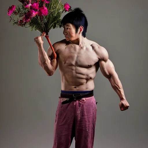 Image similar to muscular japanese man holding a sword in one hand and a bouquet of flowers in the other hand, strong but tender, vivid photography