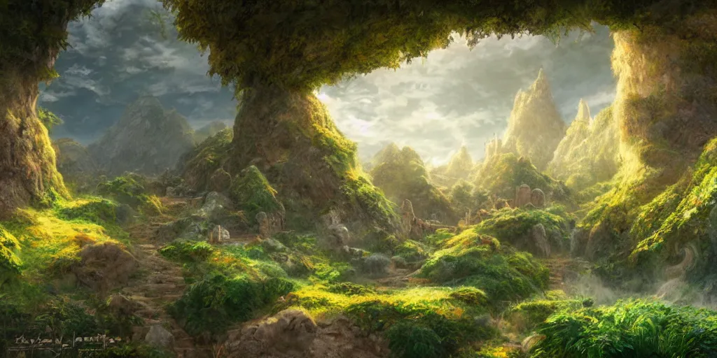Prompt: lush and beautiful concept art for the shire, floating rocks, arabian castles, sand, golden sun, planets, lord of the rings, peter jackson, studio ghibli, detailed, realistic lighting, volumetric lighting, golden hour,