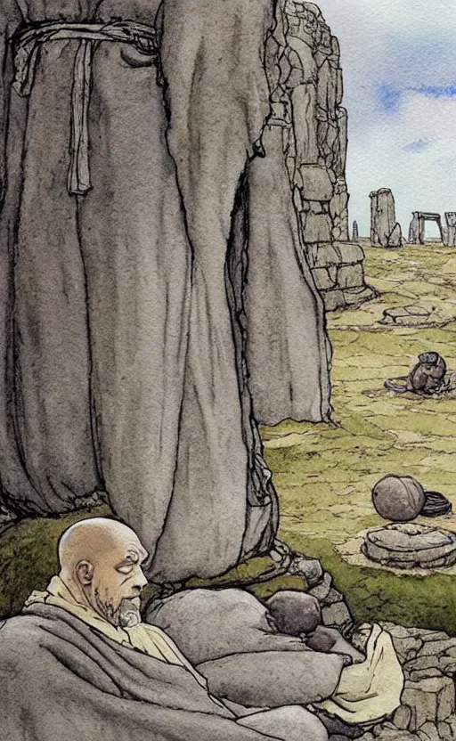 Prompt: a realistic and atmospheric watercolor fantasy concept art of giant monk in grey robes sitting in stonehenge. in the foreground a tiny medieval monk in grey robes is praying. a ufo is in the sky. by rebecca guay, michael kaluta, charles vess