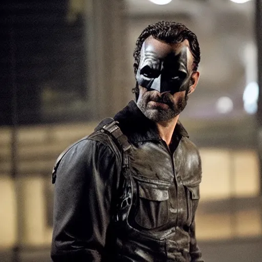 Image similar to Film still of Rick Grimes as Batman, from The Walking Dead (2010 TV Show)