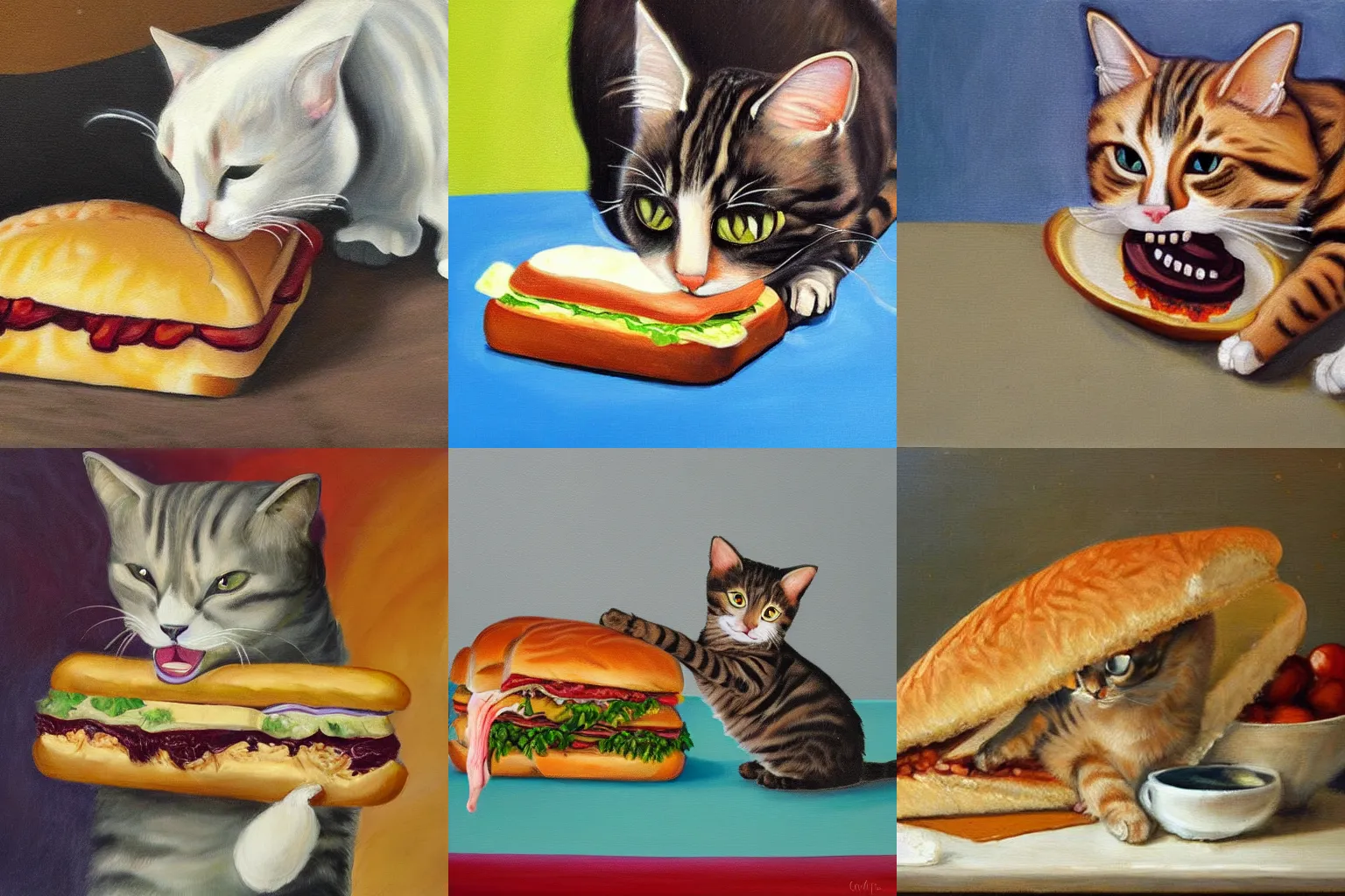 Prompt: a painting of a cat biting into a big sandwich