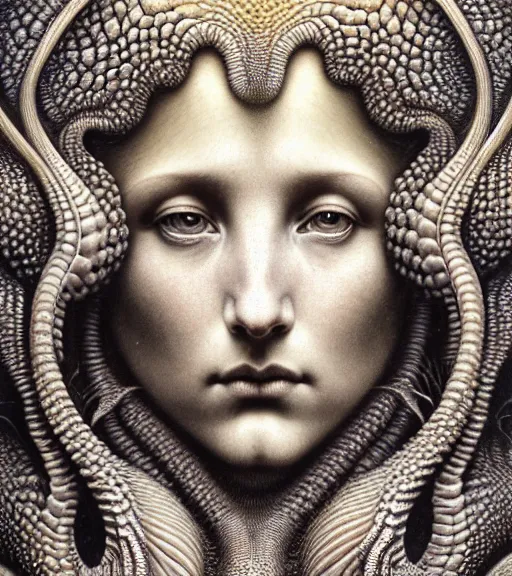 Image similar to detailed realistic beautiful hydra goddess face portrait by jean delville, gustave dore, iris van herpen and marco mazzoni, art forms of nature by ernst haeckel, art nouveau, symbolist, visionary, gothic, neo - gothic, pre - raphaelite, fractal lace, intricate alien botanicals, ai biodiversity, surreality, hyperdetailed ultrasharp octane render