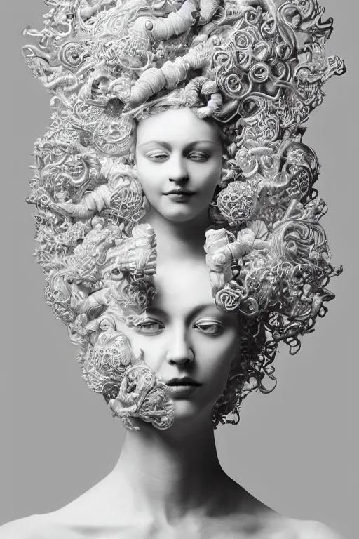 Prompt: 3 d full head and shoulders beautiful white porcelain woman with ornate detailed hair and jewellery, 3 d swirling hair, big eyes through the hair by theodor seuss geisel and daniel arsham and xiang duan