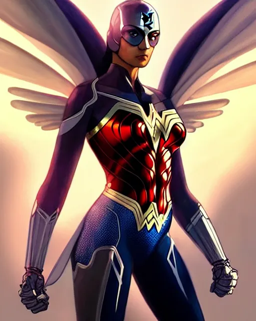 Prompt: Beautiful female, marvel's falcon mecha suit, portrait, with wings, mix with wonder woman suit, rays of light, fantasy, intricate triangular designs, elegant, highly detailed, sharp focus, art by Artgerm and Greg Rutkowski and WLOP