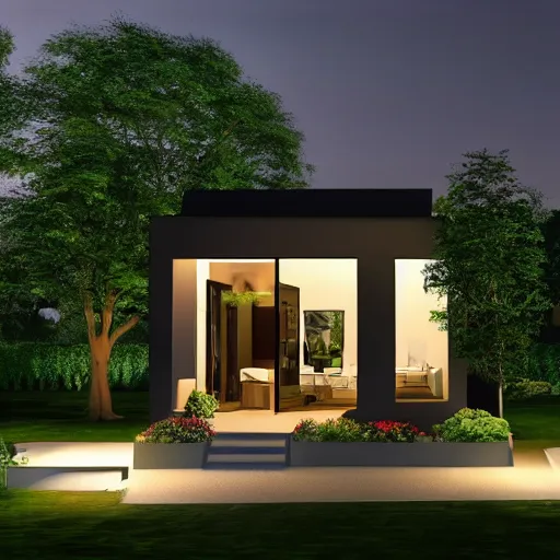 Image similar to design of a garden house, modern style, vivid lighting, photorealist