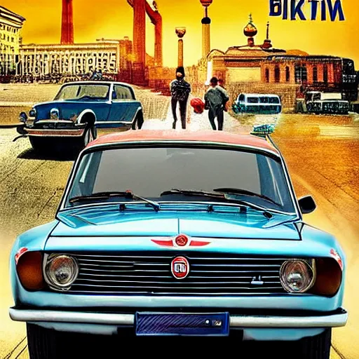 Image similar to @fiat 124 berlina@ in soviet city. Film poster. Epic cinematic