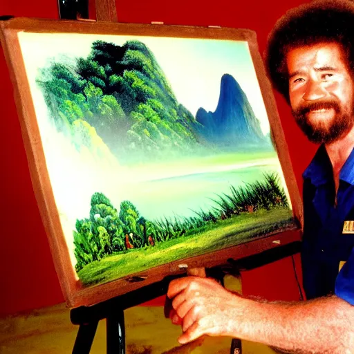 Prompt: Bob Ross in Vietnam, photograph, film,