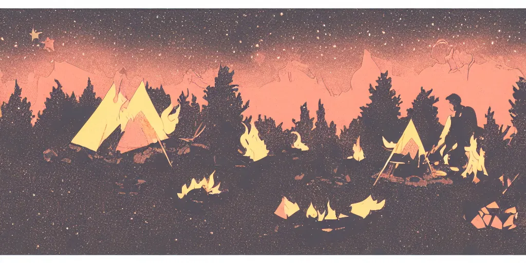 Prompt: a campfire under the stars, 1940s faded risograph print, illustration, limited color palette, earthtones, double-exposure, astrophotography